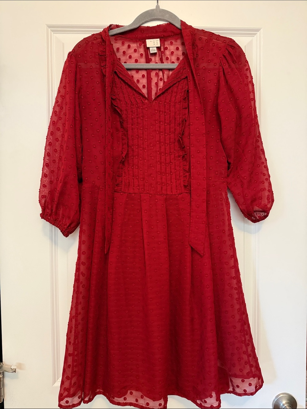 a new day Red Swiss Dot Ruffle Tie-Neck Dress